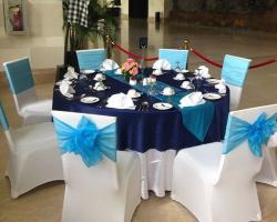 White and blue table set up 