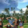 tourists selfi with mount agung back ground 